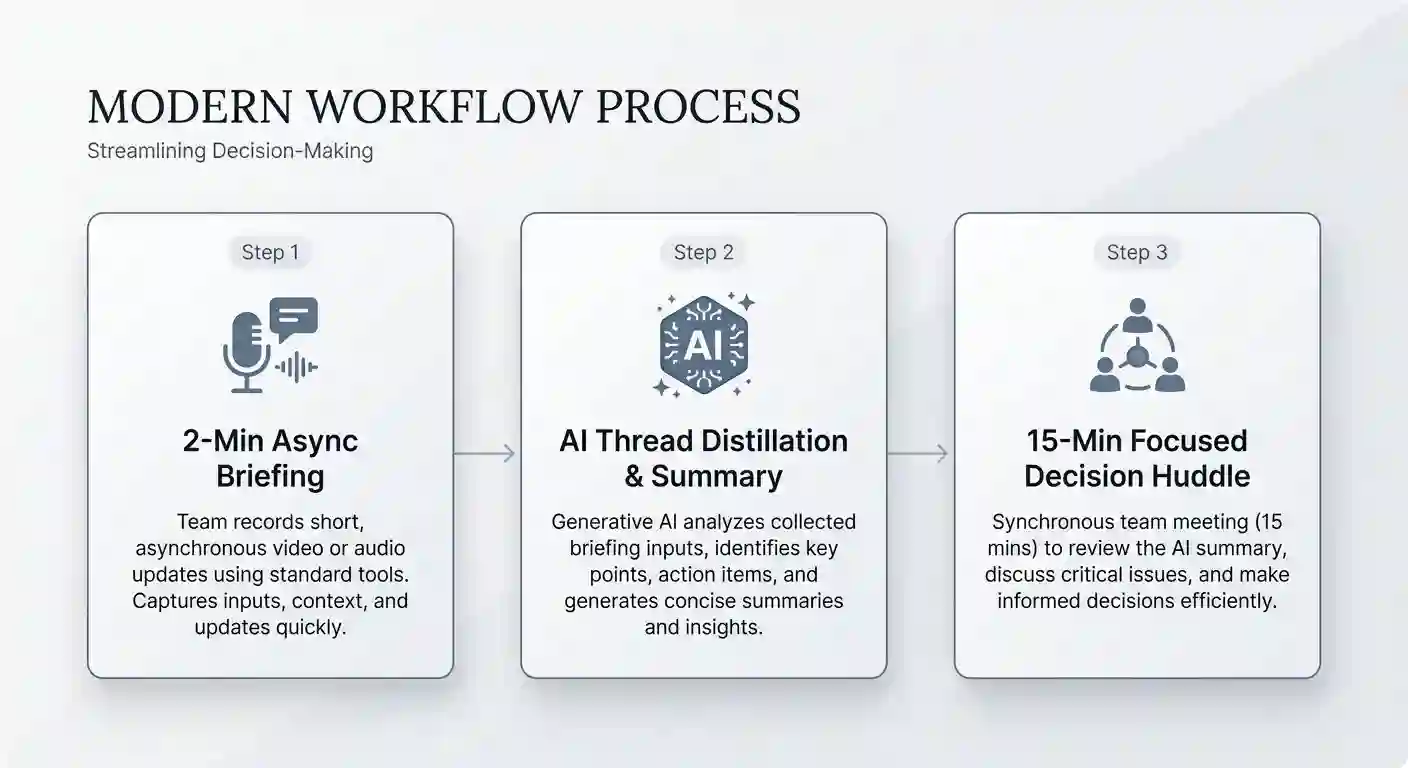 Enterprise flipped chat workflow diagram showing AI chat summaries replacing 60-minute syncs