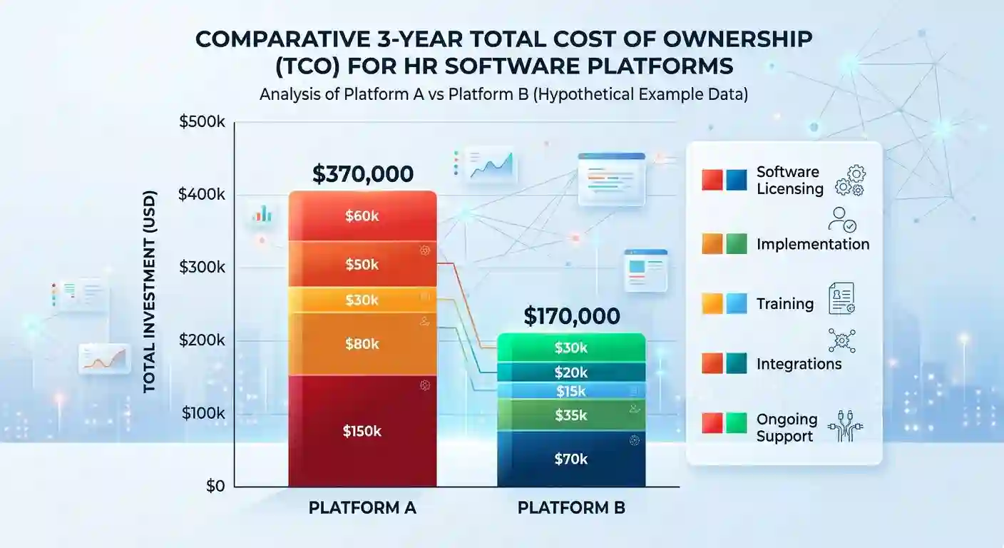 Sage HRMS vs BambooHR 3-year total cost of ownership comparison chart showing significant cost differences