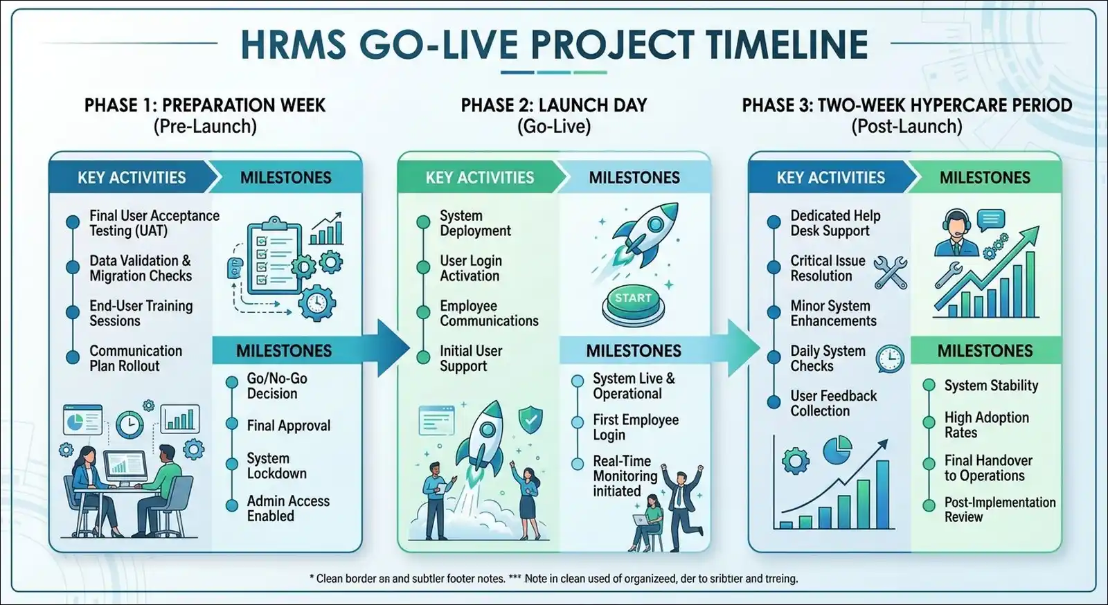 Sage HRMS go-live timeline showing preparation week, launch day activities, and two-week hypercare period